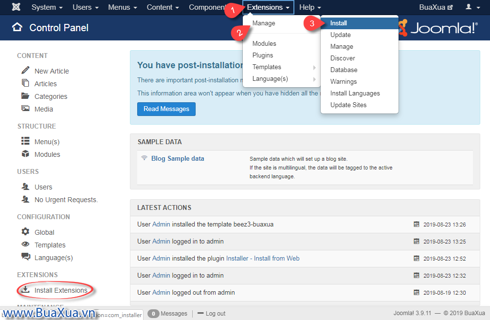 Trình đơn cài đặt Extensions trong Joomla!
