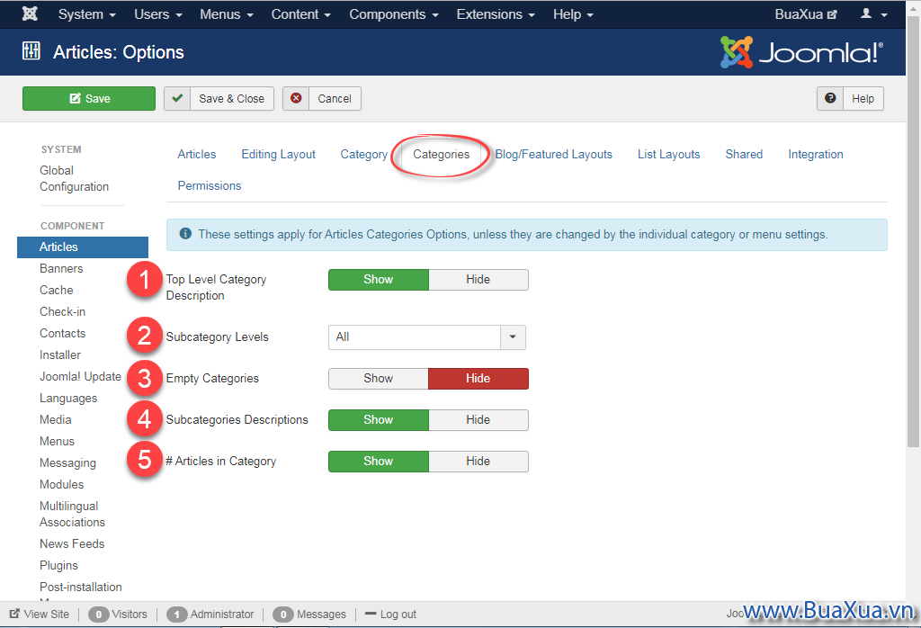 Thiết lập các thông số chung cho các chuyên mục trong Joomla!