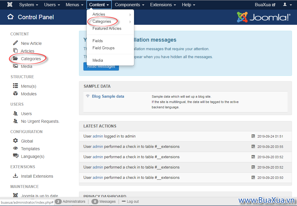 Truy cập vào trình đơn Content Categories để vào phần quản lý chuyên mục - Articles: Categories