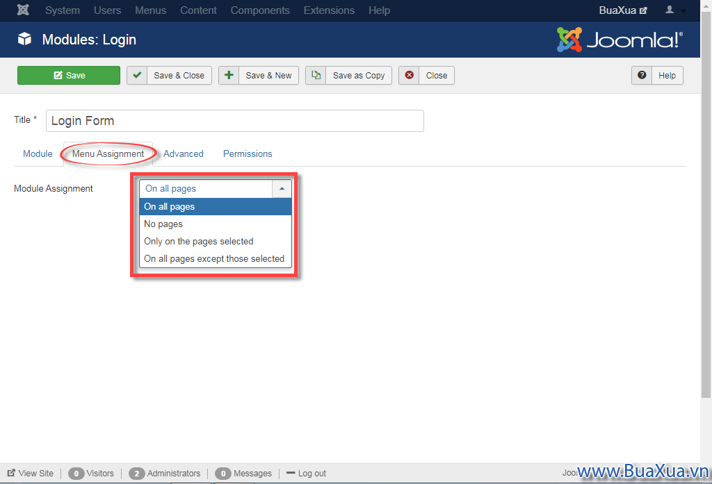 Chọn trang muốn hiển thị Module trong màn hình Menu Assignment 