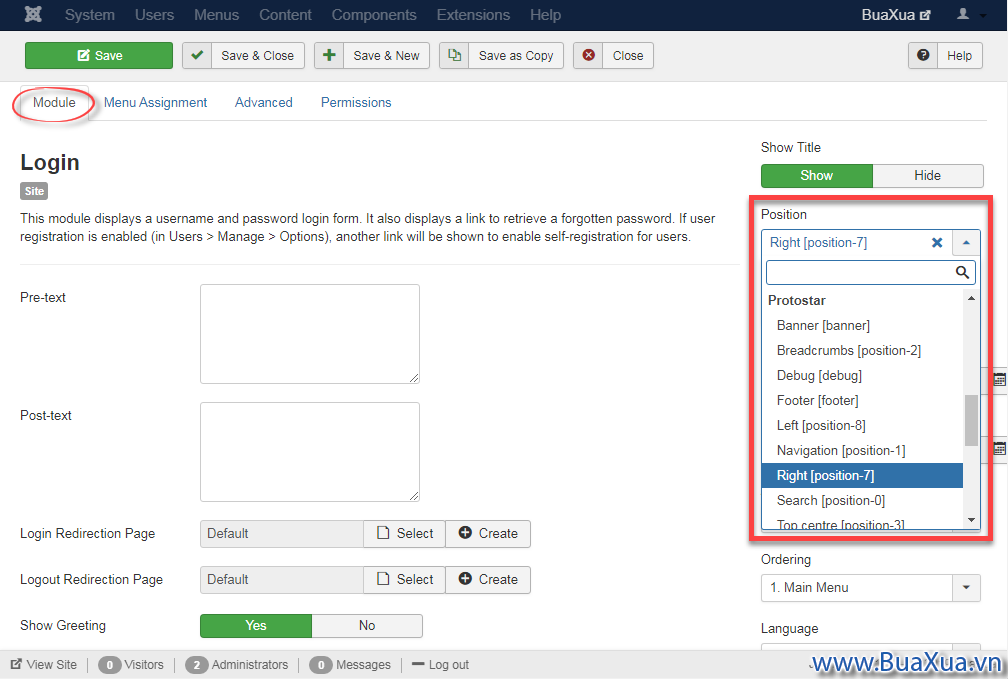 Chọn vị trí hiển thị Module trên trang web