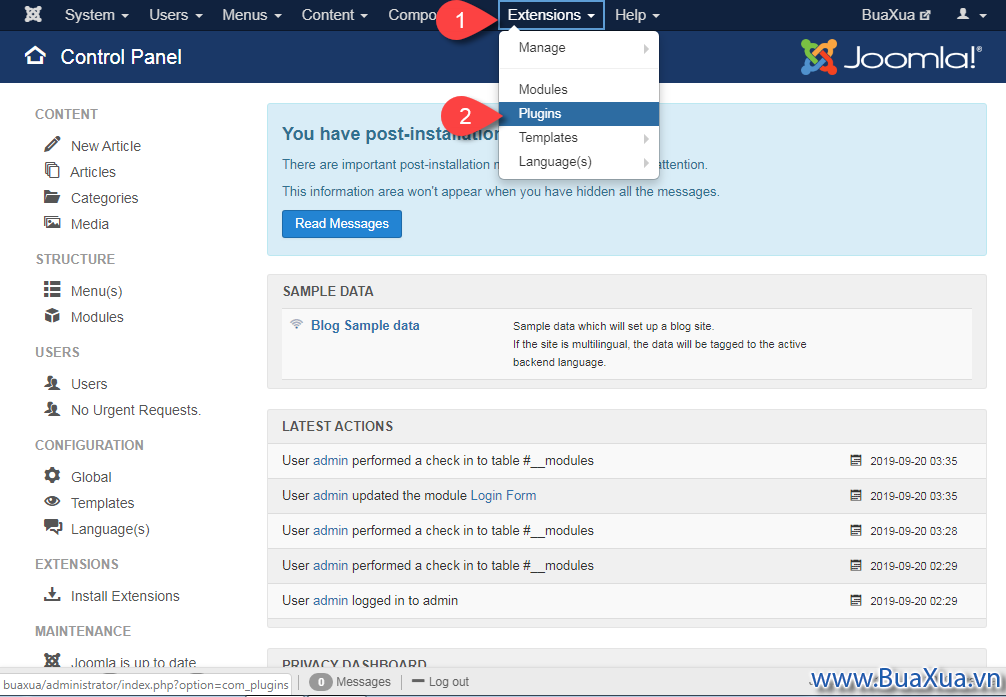 Truy cập vào trình đơn Extensions -> Plugins