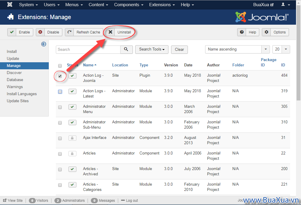 Cách gỡ bỏ Extension của Joomla!