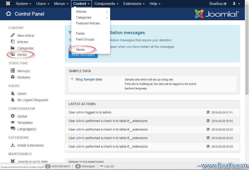 Truy cập vào công cụ quản lý Media của Joomla!