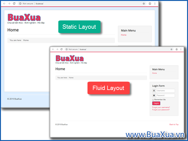 Kiểu hiển thị Static và Fluid layout của Template Protostar 