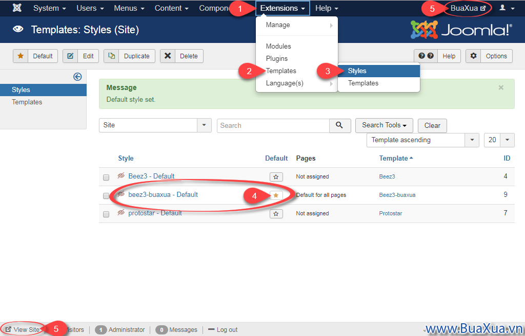 Chọn Template làm mặc định cho trang web