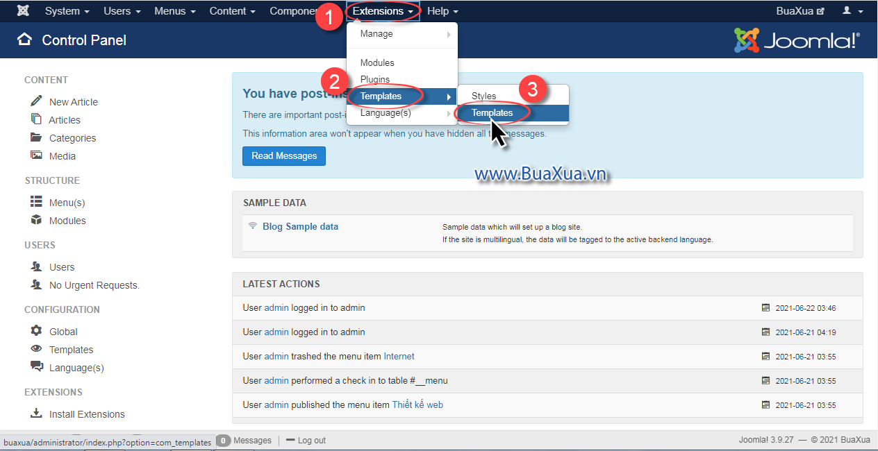 Truy cập vào trình đơn Extensions - Templates - Templates