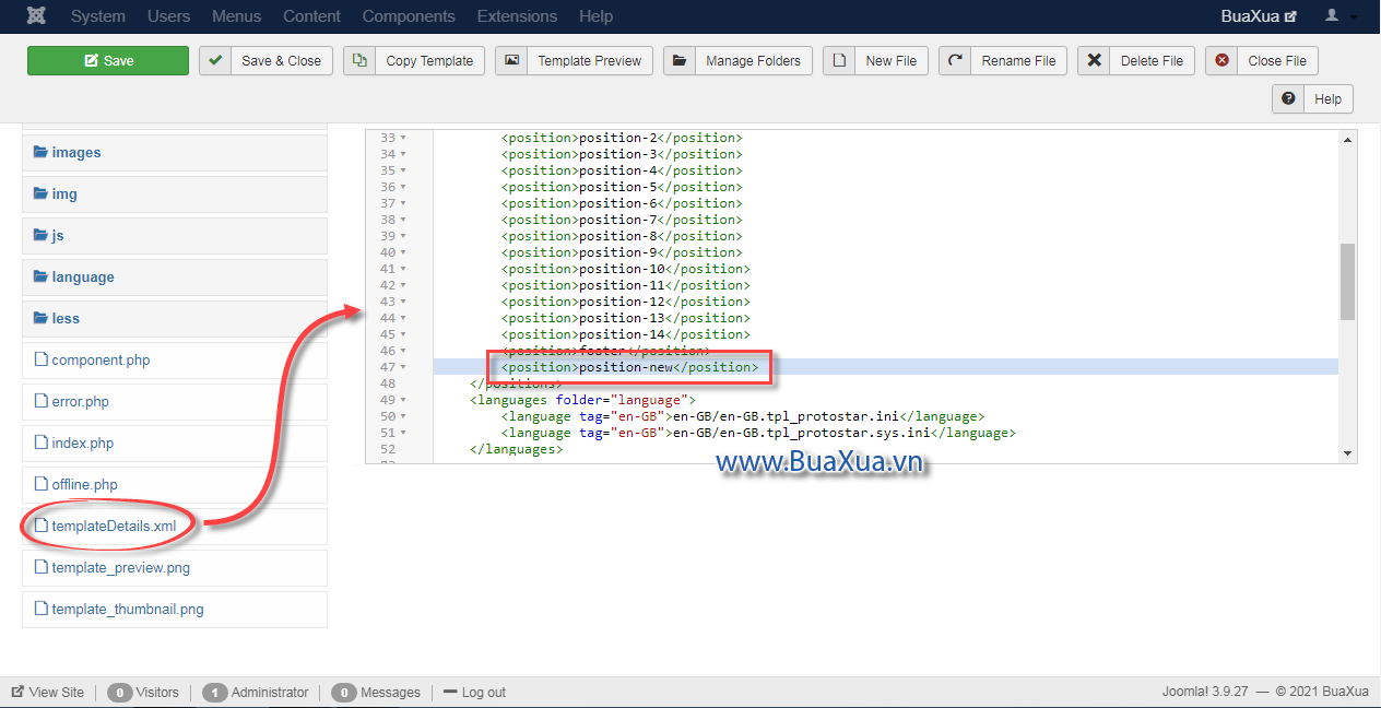 Khai báo thêm tên của vị trí mà mới vừa tạo trong tập tin templateDetails.xml