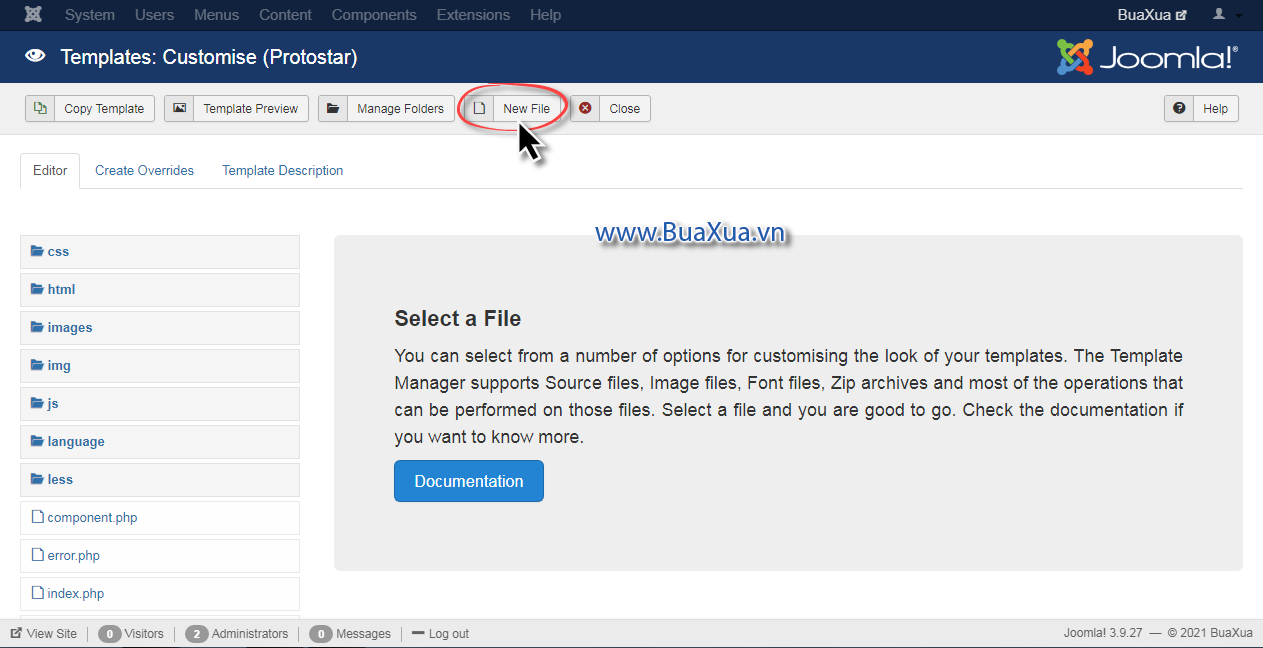 Tại trang Templates: Customise (Tên của Template) nhấn vào nút New File để tạo tập tin mới