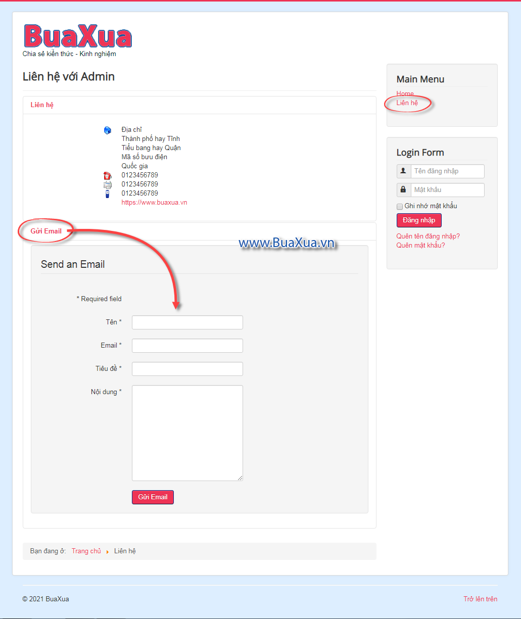 Trang thông tin liên hệ và gửi email