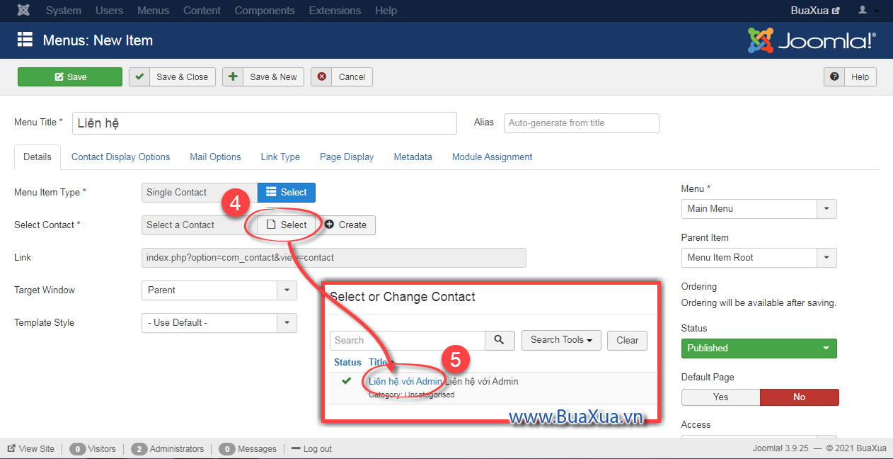 Chọn contact muốn hiển thị trên trang web