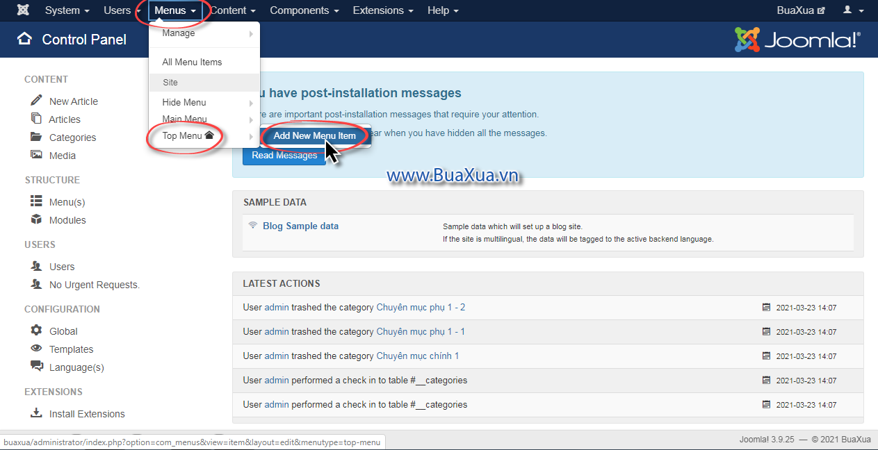 Tạo mục trình đơn chính cho Dropdown Menu