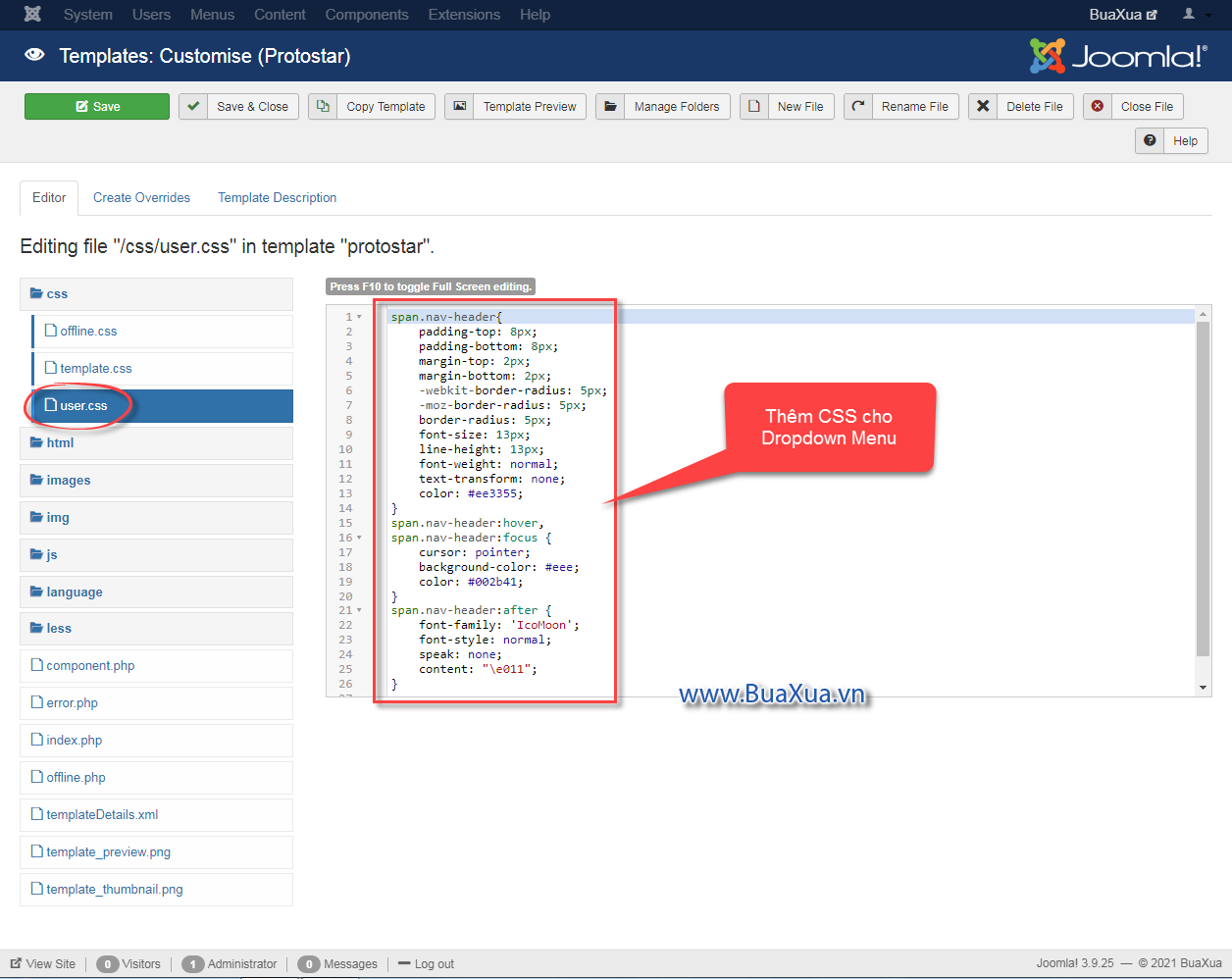 Thêm các dòng CSS vào tập tin user.css