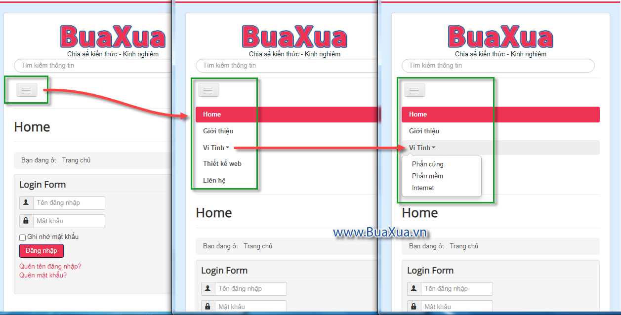 Dropdown Menu hiển thị trên các màn hình của điện thoại