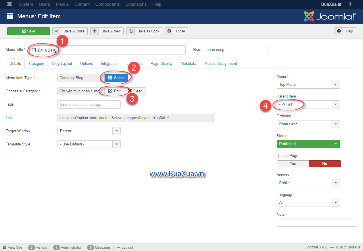 Thiết lập các thông số cho mục trình đơn phụ của Dropdown Menu