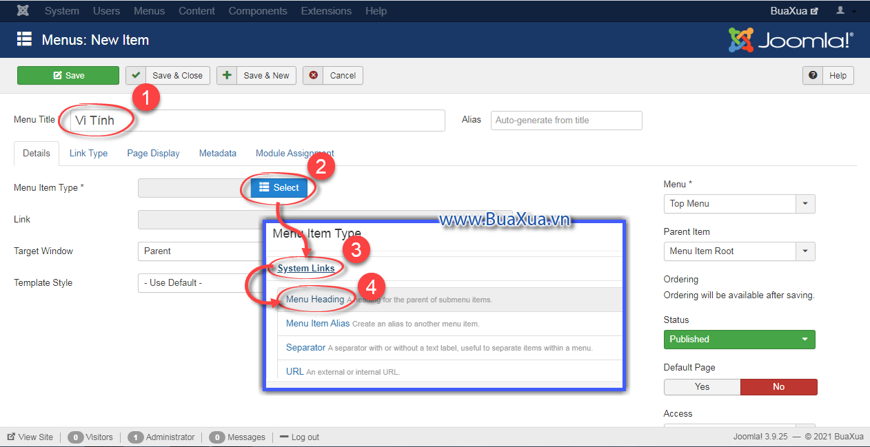 Thiết lập các thông số cho mục trình đơn chính của Dropdown Menu