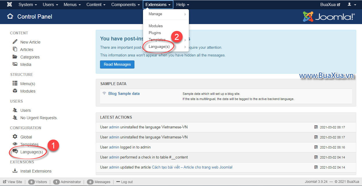 Các cách để truy cập vào phần quản lý ngôn ngữ của Joomla!