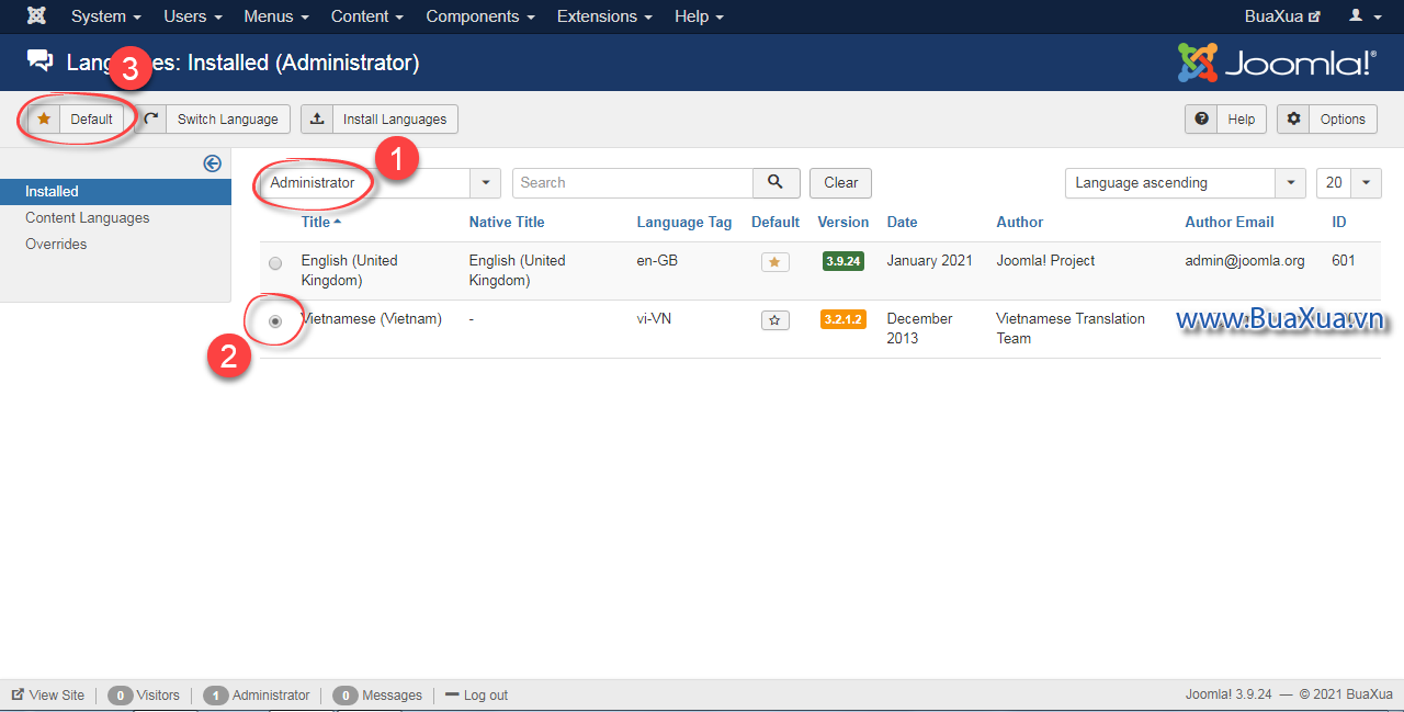 Thay đổi ngôn ngữ tiếng Việt cho trang quản trị Joomla!