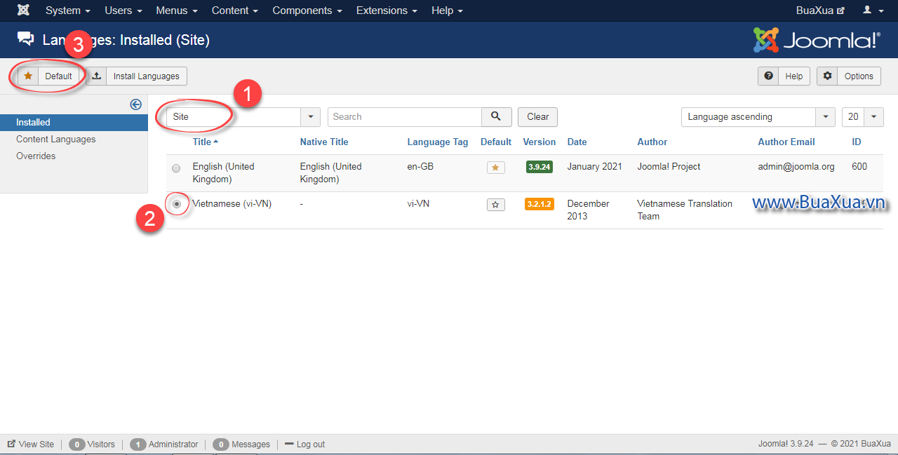 Thay đổi ngôn ngữ tiếng Việt cho trang web Joomla!