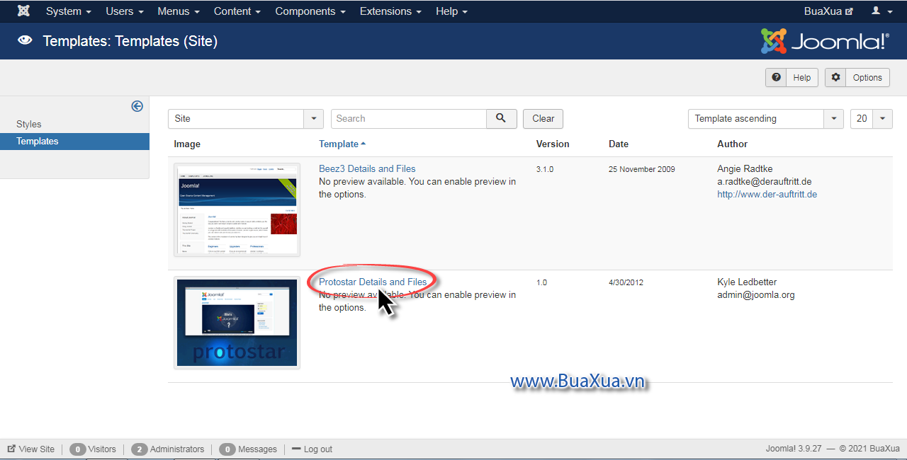 Nhấp chuột vào tên của Template nào mà bạn muốn quản lý
