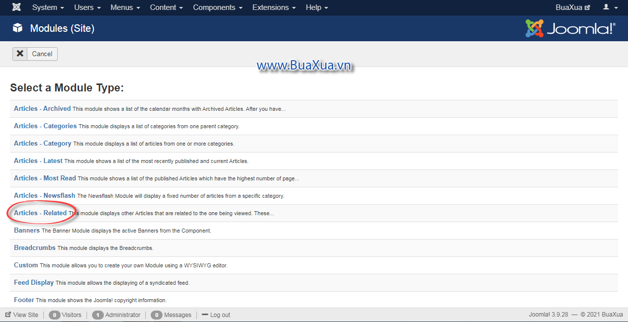 Trong trang Select a Module Type, bạn hãy chọn Articles - Related
