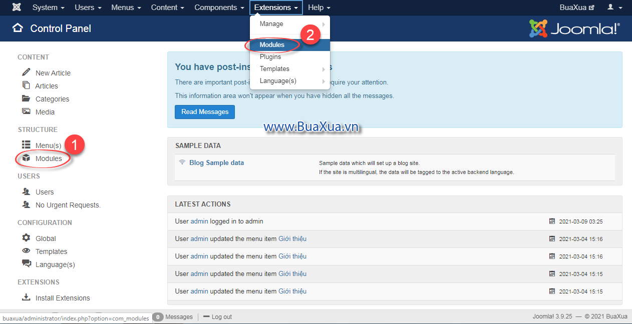 Cách truy cập vào phần quản lý Module của Joomla!