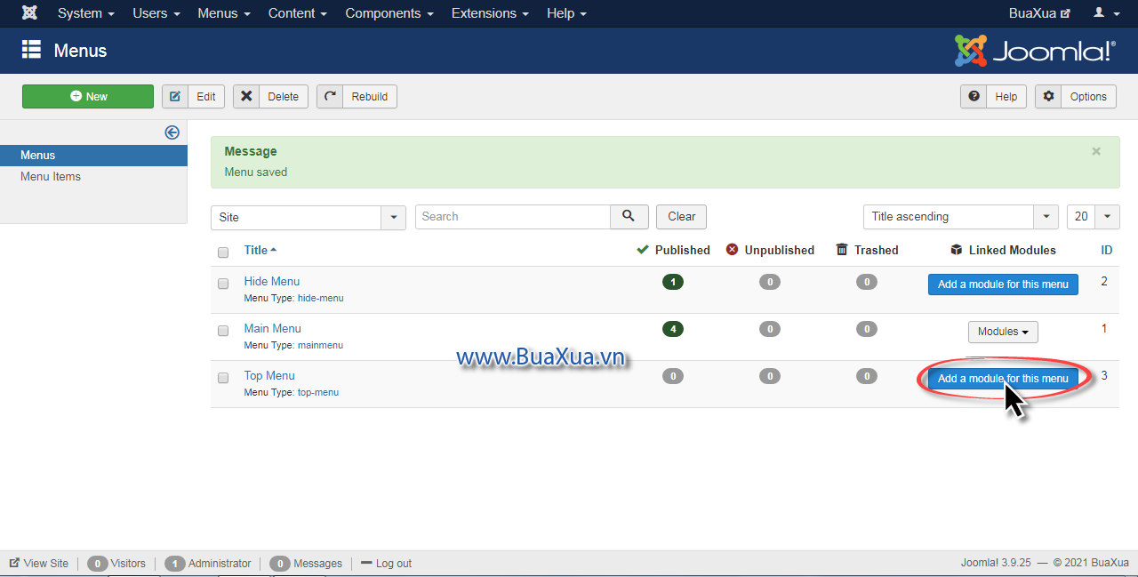 Tạo Module để hiển thị Top Menu trên web