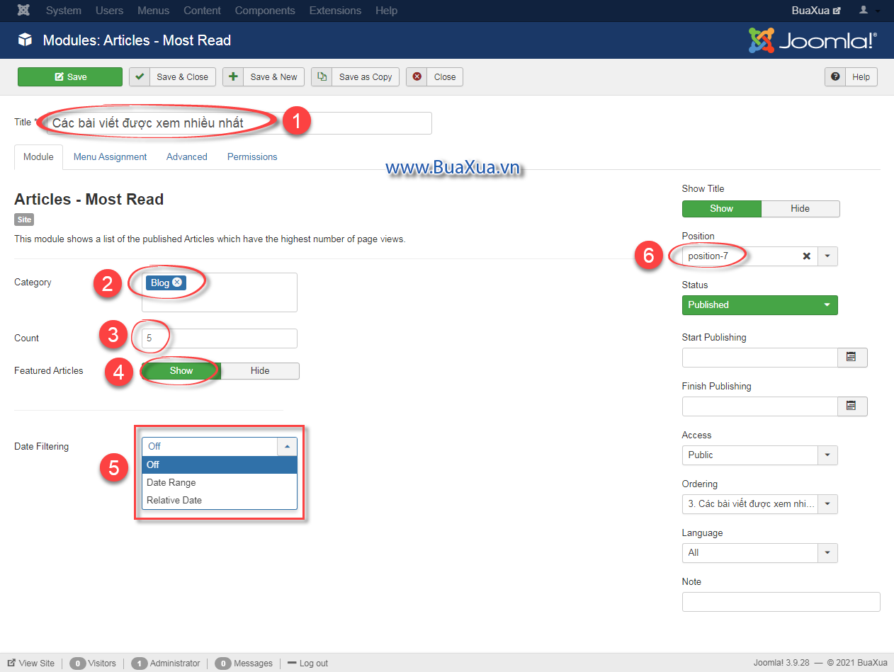 Thiết lập thông số cho module Articles - Most Read