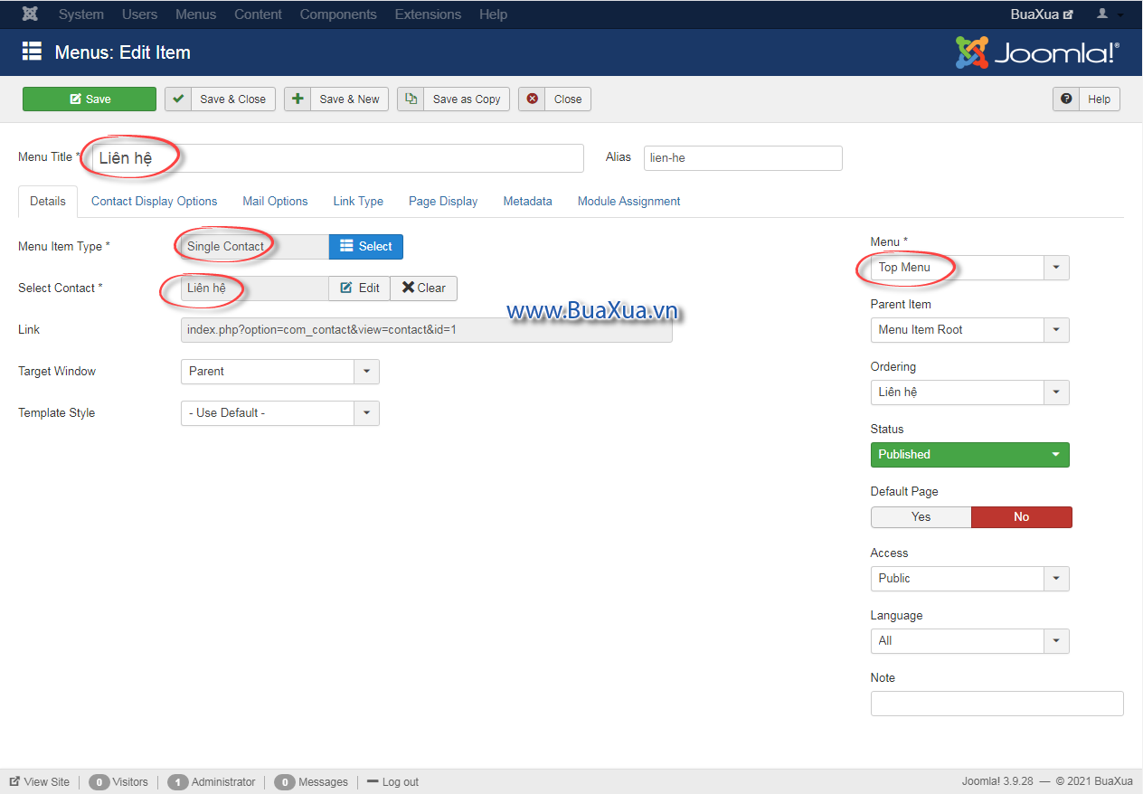 Tạo mục trình đơn cho trang liên hệ - Gửi Email