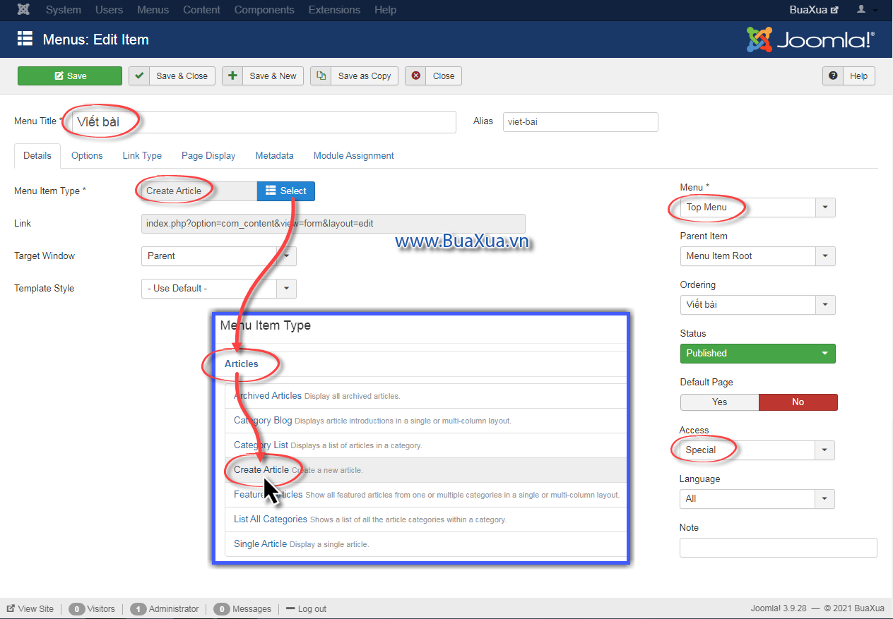 Tạo mục trình đơn hỗ trợ việc tạo bài viết mới trên web