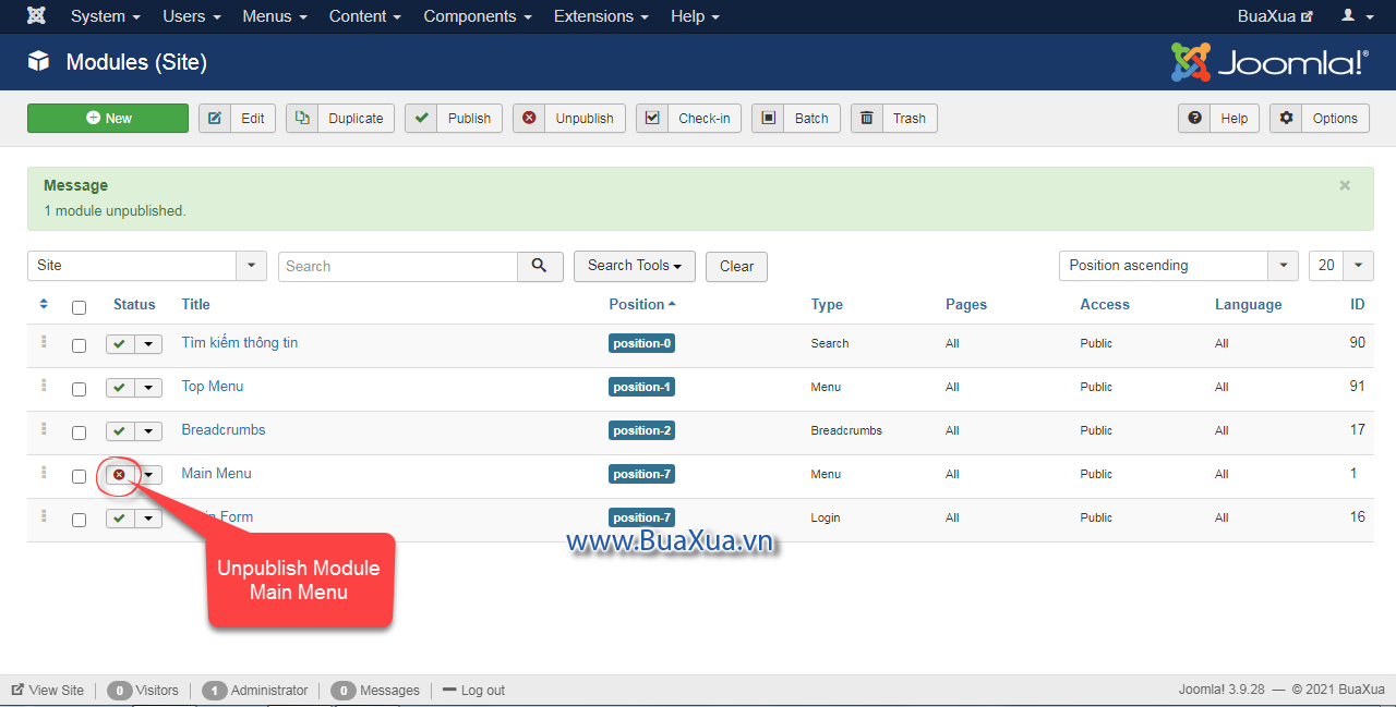 Unbuplish Module có tên là Main Menu để nó không hiển thị trên trang web