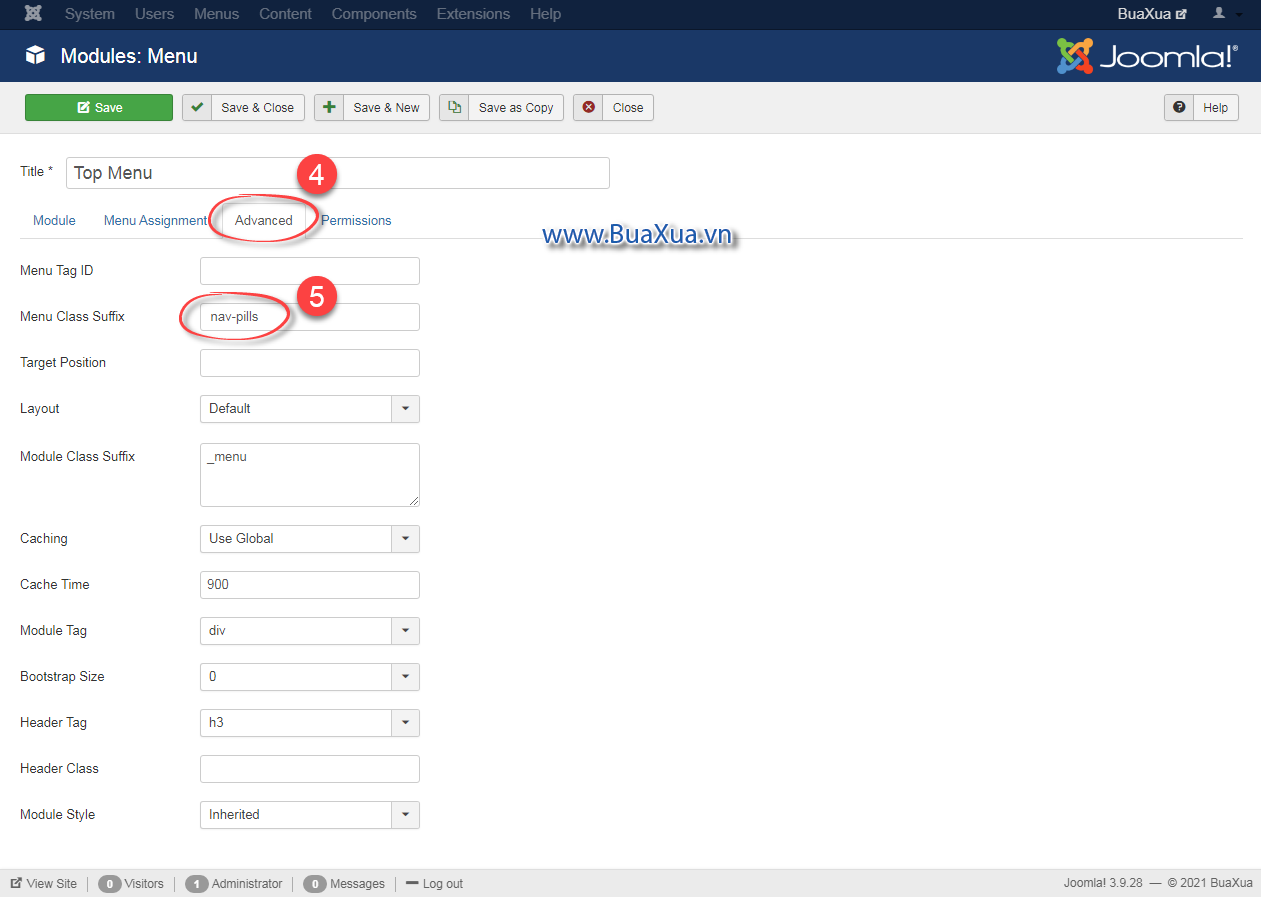 Thiết lập thông số Menu Class Sufix trong phần Advanced