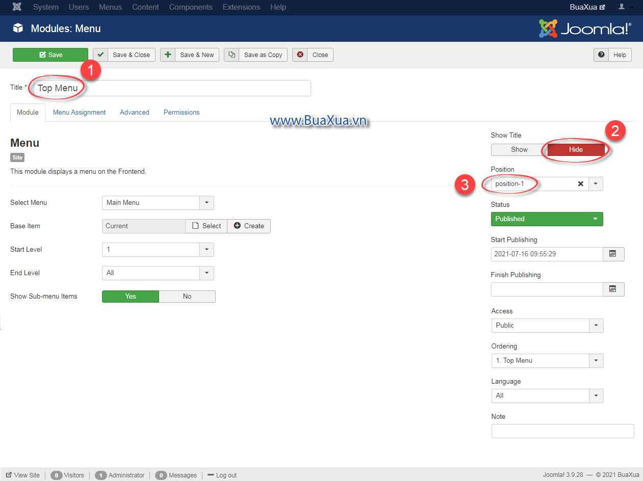 Thay đổi trình đơn Main Menu thành Top Menu