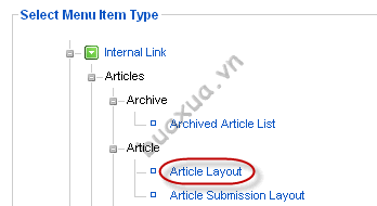 Chọn kiểu Menu Item là Article Layout