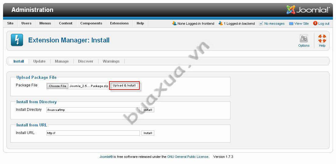 Nhấn nút Upload & Install để tiến hành cài đặt gói cập nhật