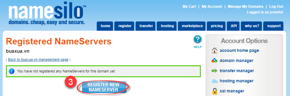 Nhấn Register New Nameserver