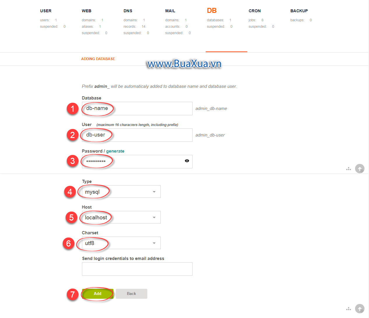 Tạo Database và User mới trong vestacp