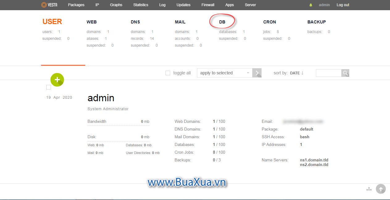 Chọn DB trong bảng điều khiển VestaCP