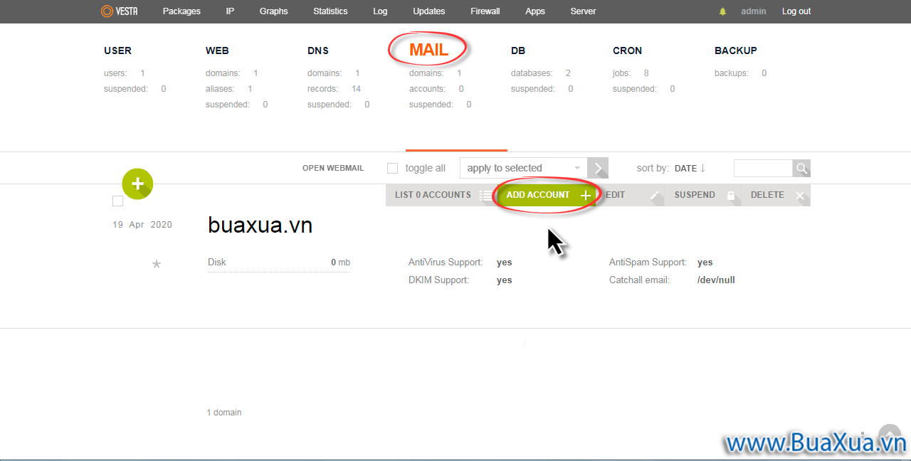 Nhấn vào nút ADD ACCOUNT để tạo tài khoản Email mới