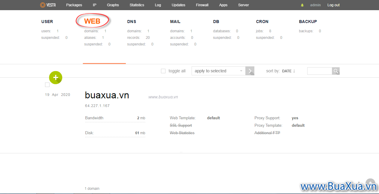 Chọn Web trong bảng điều khiển VestaCP