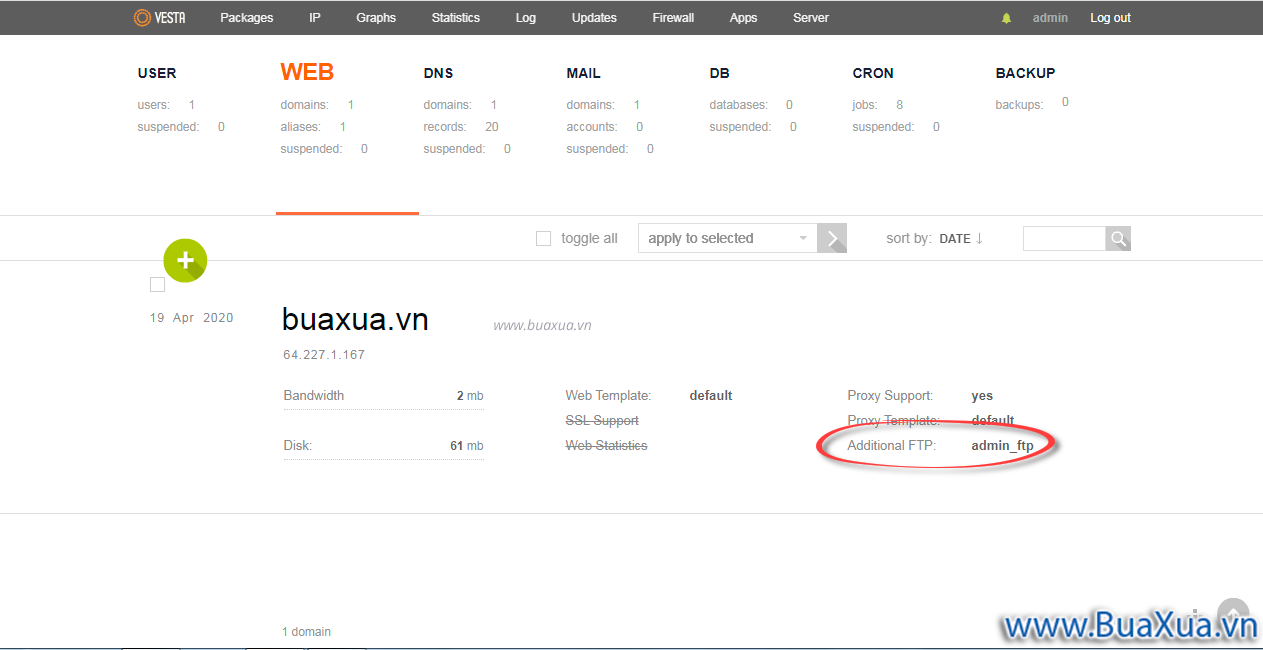 Danh sách các tài khoản FTP trong phần FTP Accounts