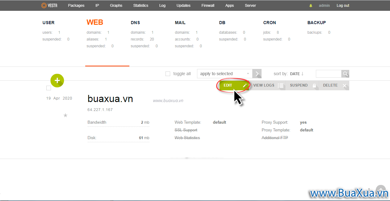 Nhấn vào nút Edit để truy cập vào phần chỉnh sửa thông số của trang web