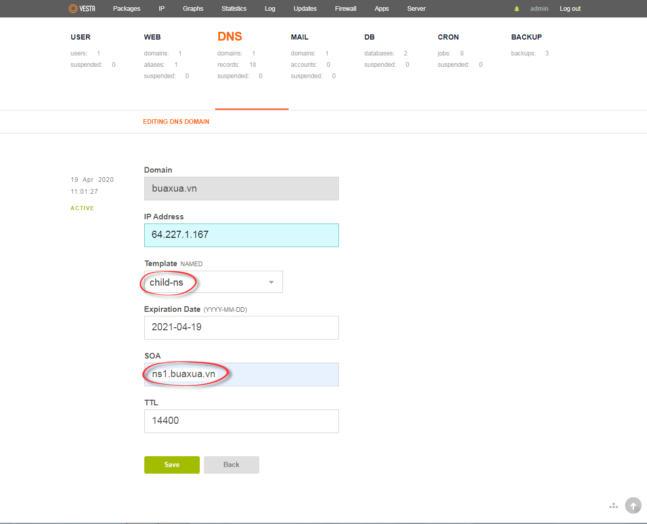 Thay đổi Template Name thành child-ns và thay đổi SOA thành tên miền của bạn