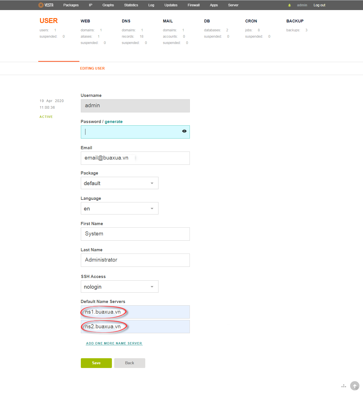 Thay đổi Default Name Servers thành tên miền của bạn