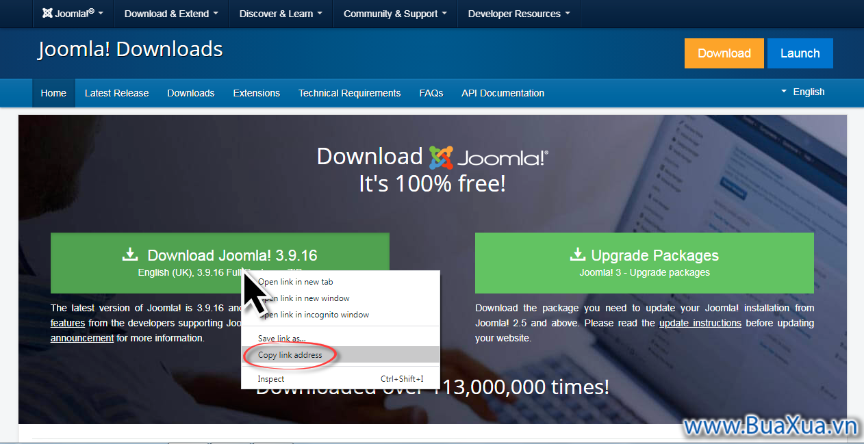 Lấy địa chỉ liên kết của gói cài đặt Joomla!