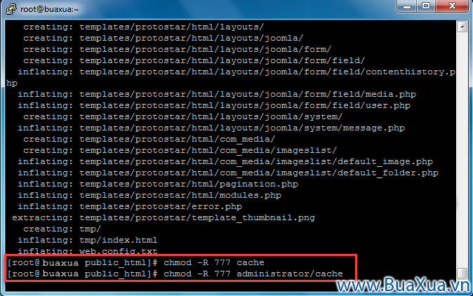 Lệnh chmod để thay đổi quyền cho thư mục cache của Joomla! 