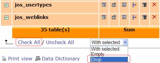 Xóa các bảng dữ liệu trong Database