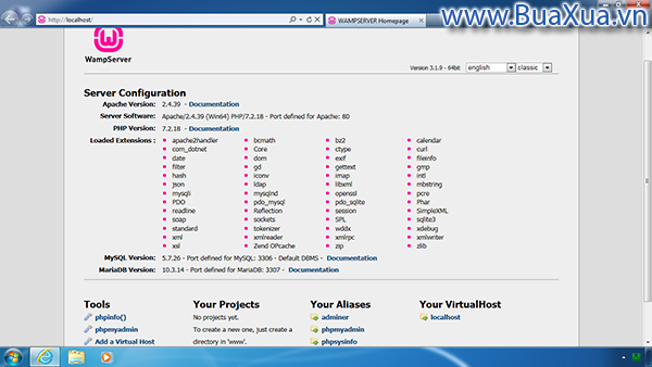Trang thông tin của WampServer 