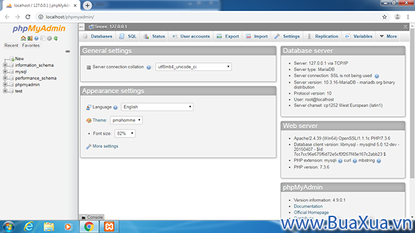 Trang quản lý cơ sở dữ liệu phpMyAdmin