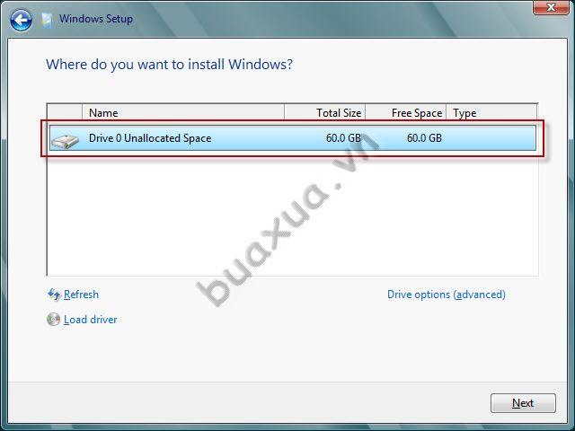 Chọn ổ dĩa cài đặt Windows 8